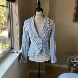 Mystery jacket blazer light blue and white stripes with lace EUC